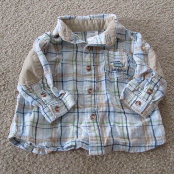 2 Pc Button Up Shirt Pants Outfit Boys Size‎ 3-6M Tan Plaid Long Sleeve Khaki - Picture 2 of 10